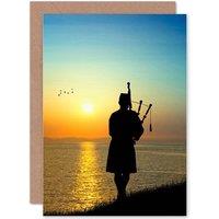 Artery8 Sunset Scots Piper Silhouette Greetings Card
