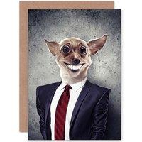 Artery8 Dog Wearing Suit Chihuahua Smile Funny Greetings Card in Grey