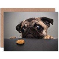 Artery8 Animal Portrait Pug Dog Treat Food Eyes Cute Greeting Card in Grey