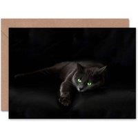 Artery8 Black Cat Lover Green Eyes Pet Animal Dark Photograph Card