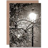 Artery8 Lonely Street Lamp Winter Night Black White Photo Greetings Card in Grey