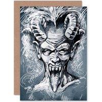 Artery8 Painting Drawing Portrait Devil Demon Horns Tongue Greetings Card in Grey