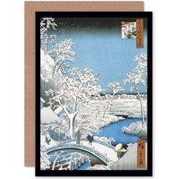 Artery8 Painting Japan Woodblock Winter Bridge Over River Greetings Card in Blue