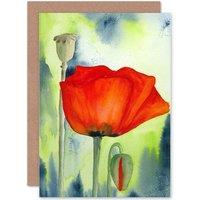 Artery8 Poppy Flower Bud Red Watercolour Birthday Greetings Card