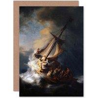 Artery8 Rembrandt Christ In Storm On Lake Of Galilee Old Painting Greetings Card in Dark Grey