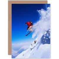 Artery8 Skier Ski Jumping Snow Sport Sky Photo Birthday Greetings Card in Blue
