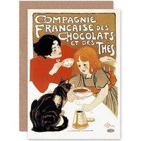 Artery8 Tea Chocolate Drink Paris France Cat Retro Advert Greetings Card in Brown