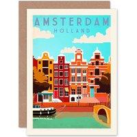 Artery8 Travel Amsterdam Holland Netherlands Canal Bridge Boat Greetings Card in Blue