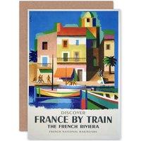 Artery8 Travel France Train Railway Riviera French Railroad Boat Greetings Card in Blue
