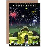 Artery8 Travel Copenhagen Denmark Tivoli Gardens Fireworks Greetings Card in Black