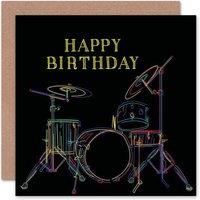 Wee Blue Coo Colourful Line Art Drum Kit Drummer Music Birthday Card