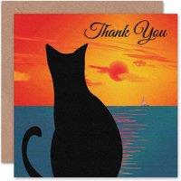 Artery8 Animal Sunset Sea Boat Illustration Cat Thank You Card