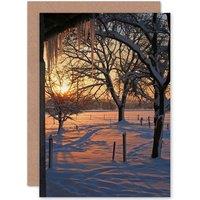 Artery8 Birthday Painting Winter Fields Snow Sunset Greetings Card in Black