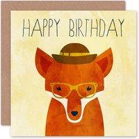 Wee Blue Coo Cartoon Fox With Glasses & Hat Happy Birthday Card