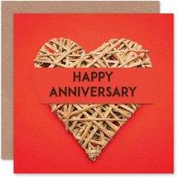 Wee Blue Coo Woven Straw Love Heart Bold Red Anniversary Card