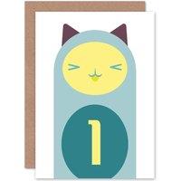 Artery8 Child Birthday Cat 1 One Year Old Greetings Card in Blue