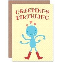 Artery8 New Baby Birth Cartoon Alien Birthling Greetings Card in Yellow