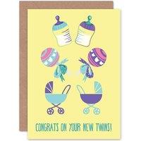 Artery8 Baby Twins Congratulations Greeting Card in Yellow