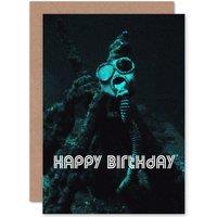 Artery8 Happy Birthday Creepy Undersea Gas Mask Gothic Greetings Card in Blue