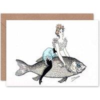 Artery8 Strange Lady Riding Fish Bizarre Art Blank Just to Say Card