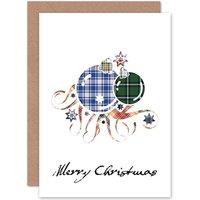 Artery8 Christmas Xmas Merry Tartan Bauble Scottish Fun Greetings Card in White