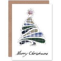 Artery8 Christmas Xmas Merry Tartan Design Tree Scottish Greetings Card in White