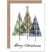 Artery8 Christmas Xmas Merry Tartan Design Trees Scottish Greetings Card in White