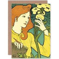 Artery8 Detail Nouveau Woman Flowers Greetings Card in Yellow