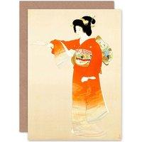 Artery8 Japan Geisha Lady Bright Kimono Greetings Card in Orange
