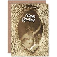 Artery8 Happy Birthday Bearded Weird Fellow In Tree Greetings Card in Brown