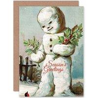 Artery8 Merry Christmas Xmas Holly Mistletoe Snowman Greetings Card in White