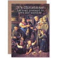 Artery8 Merry Christmas Xmas Old Painting Family Funny Greetings Card in Brown