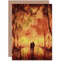 Artery8 Painting Landscape Couple Walking Avenue Trees Watery Greetings Card in Orange