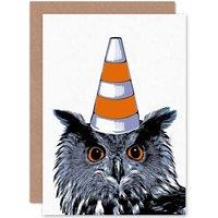 Artery8 Painting Owl Wearing Traffic Cone Glasgow Style Greetings Card in White