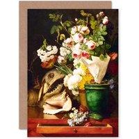 Artery8 Painting Still Life Berjon Flowers Shells Shark Head Greetings Card
