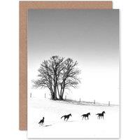 Artery8 Photo Winter Landscape Bare Trees Running Horses Greetings Card in White