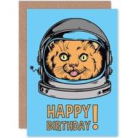 Artery8 Birthday Celebration Happy Space Cat Astronaut Present Greetings Card in Blue