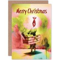 Artery8 Christmas Xmas Merry Bizarre Festive Fellow Funny Greetings Card in Pink