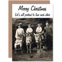 Artery8 Pretend To Love Funny Family Photo Donkey Christmas Greetings Card in Grey