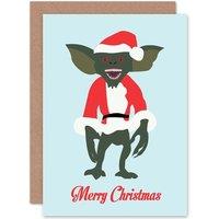 Artery8 Christmas Xmas Merry Gremlin Santa Funny Greetings Card in Blue