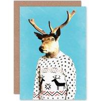Artery8 Christmas Xmas Merry Happy Deer Jumper Funny Greetings Card in Blue