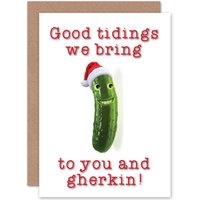 Artery8 Christmas Xmas Merry Happy Gherkin Tidings Funny Greetings Card in White