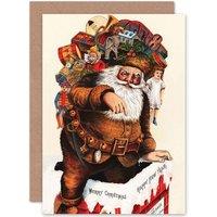 Artery8 Christmas Xmas Merry Old Santa Claus Vintage Greetings Card in Beige
