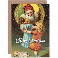 Artery8 Christmas Xmas Merry Santa Claus Present Greetings Card in Blue