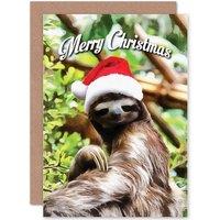 Artery8 Christmas Xmas Merry Sleepy Sloth Santa Present Greetings Card in Brown