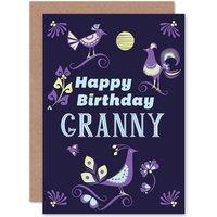 Artery8 Happy Birthday Gran Granny Bird Leaf Ornate Greetings Card in Purple
