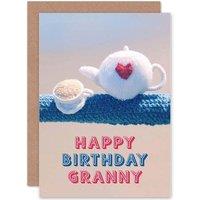 Artery8 Birthday Happy Gran Granny Knitted Teapot Cup Greetings Card in Blue
