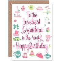 Artery8 Birthday Happy Grandma Granny Loveliest Tea Theme Greetings Card in White