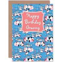 Artery8 Happy Birthday Granny Floral Birds Greetings Card in Blue