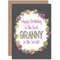 Artery8 Birthday Happy Granny Gran Word Best Floral Greetings Card in Grey